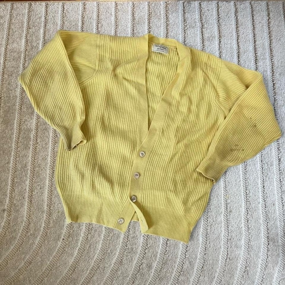 VTG 80s Norman Hilton yellow lambswool cardigan size S/M Retro Preppy Cottage